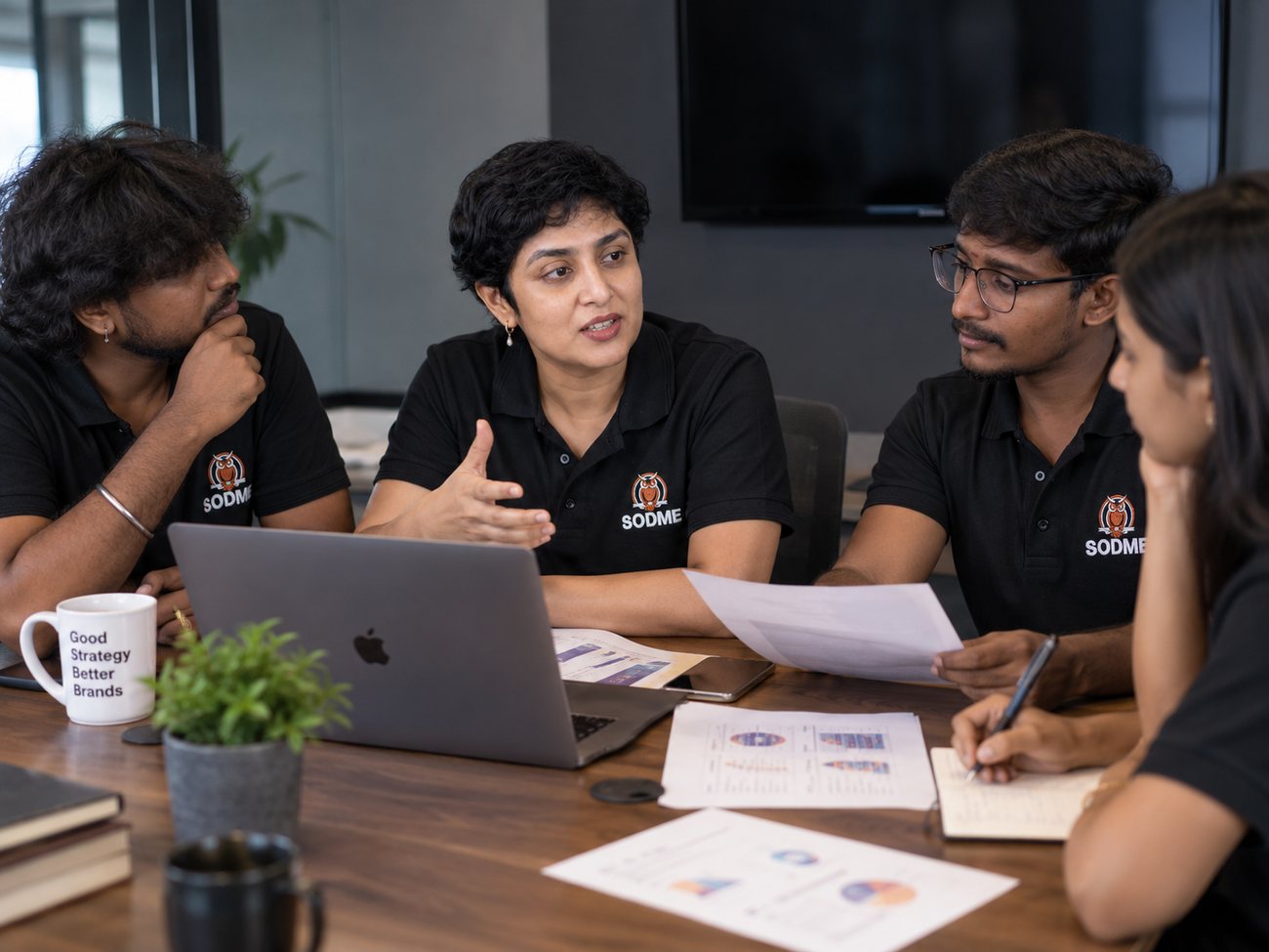 Sangeetha reviewing marketing and reports with her team